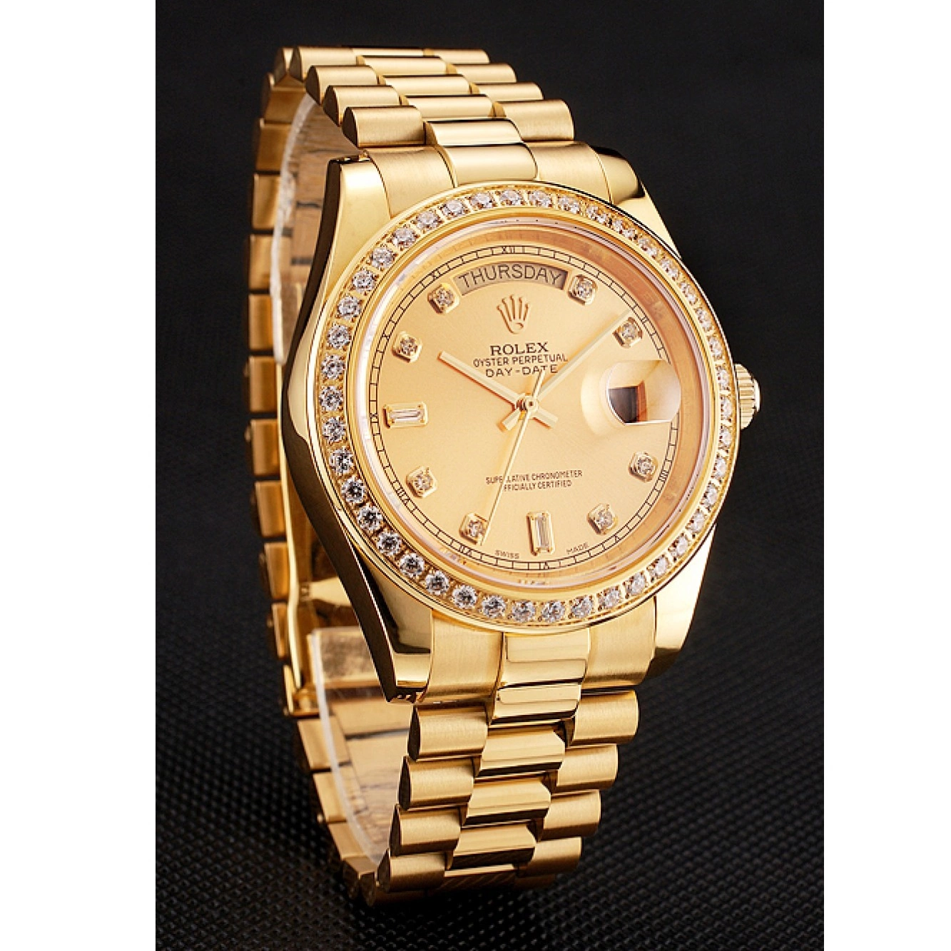 Aaa replica watch 1454099 Bezel Diamond Dial Champagne Gold Rolex Swiss Day-Date Bracelet 0721